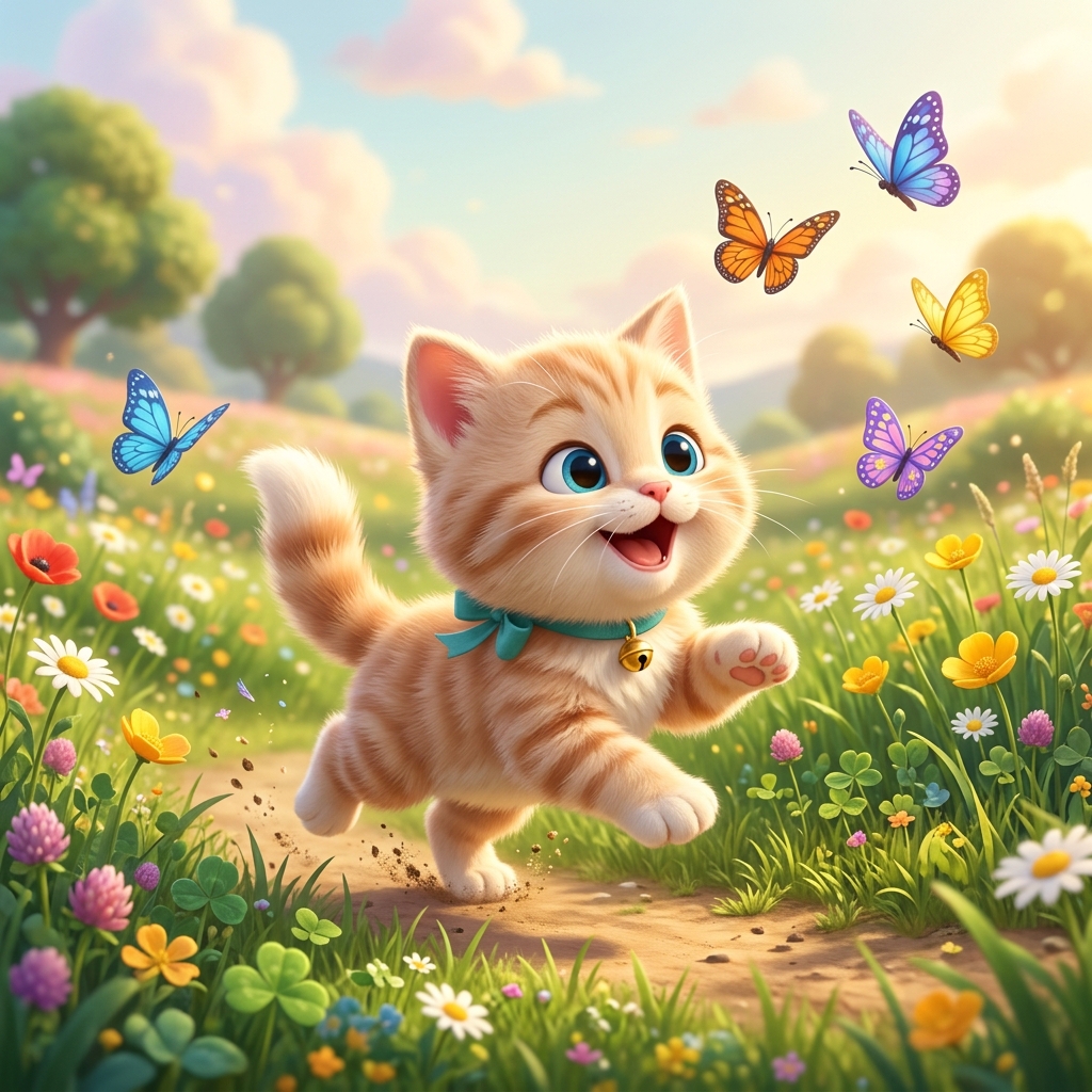Playful Cat Chasing Butterfly Mascot